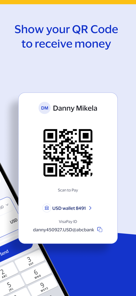 Tela do aplicativo Visa Pay mostrando um código QR para receber pagamentos com um ID pessoal VisaPay e carteira em USD.