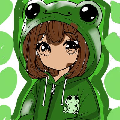 cute realistic girl in a froggy hoodie