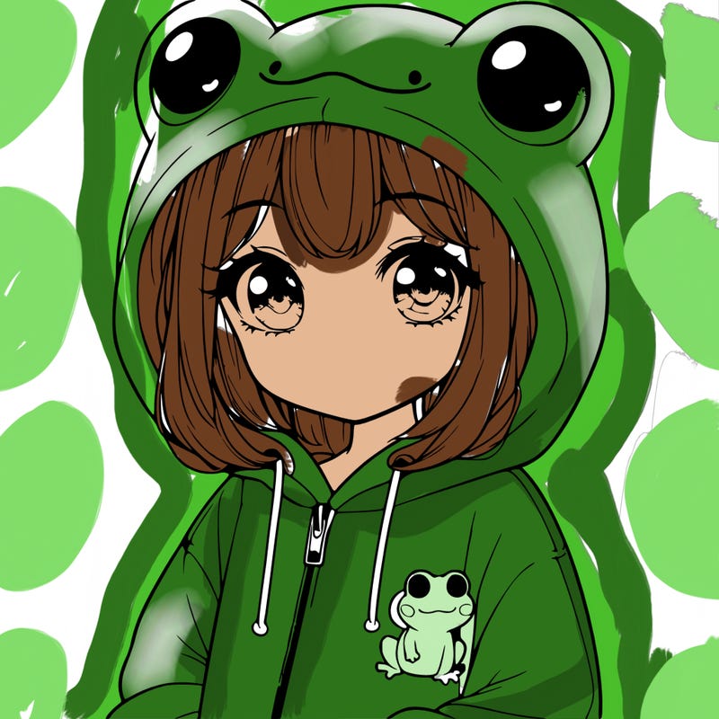 cute realistic girl in a froggy hoodie