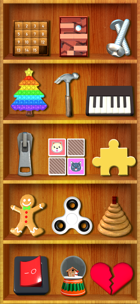 Antistress Pop it Toy 3D Games - A collection of various 3D fidget toys and antistress mini games on a wooden shelf