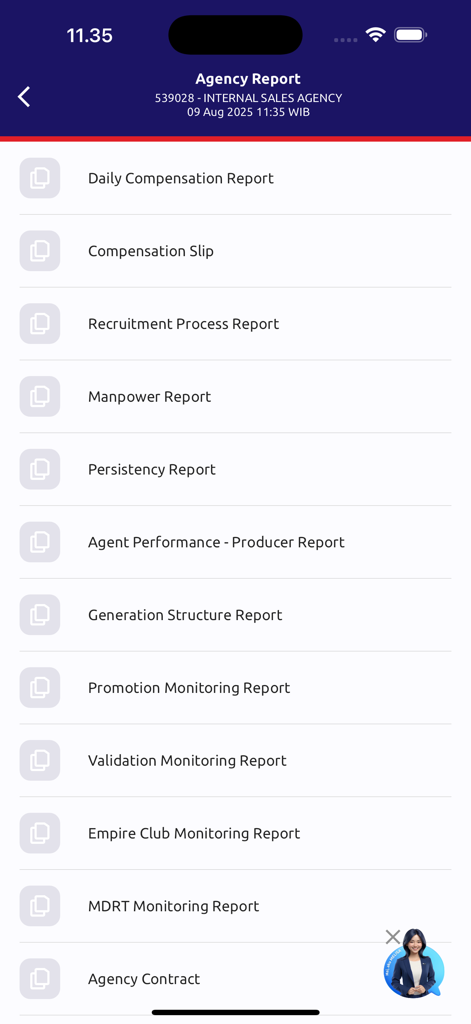 ORION by MSIG Life - The Agency Report menu in the ORION by MSIG Life app listing various professional reports for insurance agents