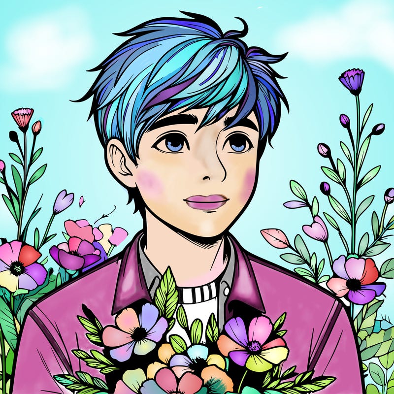 realistic boy with flowers