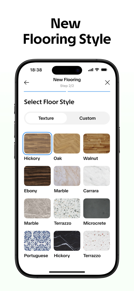 AI Decor - AI Home Design - Smartphone screen showing different flooring style options including wood marble and tile in the AI Decor app