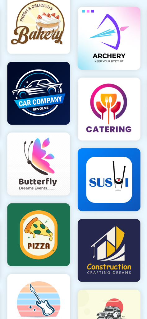 AI Logo Maker + Logo Generator - A variety of professional logo templates for industries like bakery, automotive, catering, and construction shown in a grid layout.