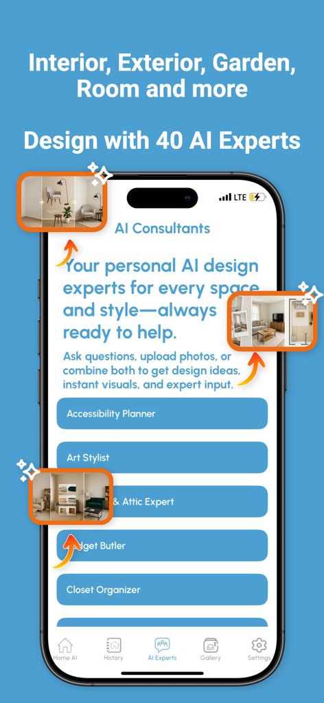 Home AI: Home Design & Garden - Mobile app interface of Home AI showing a list of specialized AI consultants for interior and exterior design.