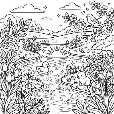 Welcome the freshness of spring with this enchanting coloring page, showcasing a serene sun reflection on sparkling water and delightful baby animals. Immerse yourself in a vibrant outdoor scene filled with blooming flowers and the promise of new beginnings.