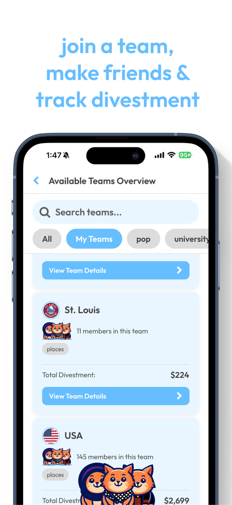 Boycat: Ethical Shopping - Interface do aplicativo Boycat mostrando equipes comunitárias disponíveis e estatísticas de rastreamento de desinvestimento