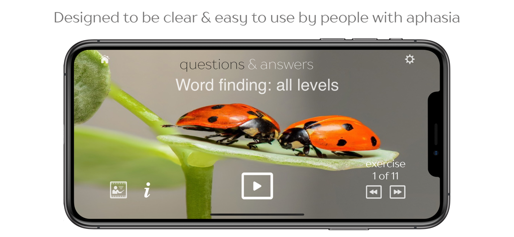Aplicación Cuespeak que muestra un ejercicio de búsqueda de palabras para la rehabilitación de la afasia en un iPhone