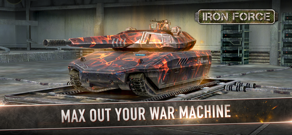 A customized tank with a fire pattern in a garage from the Iron Force mobile game