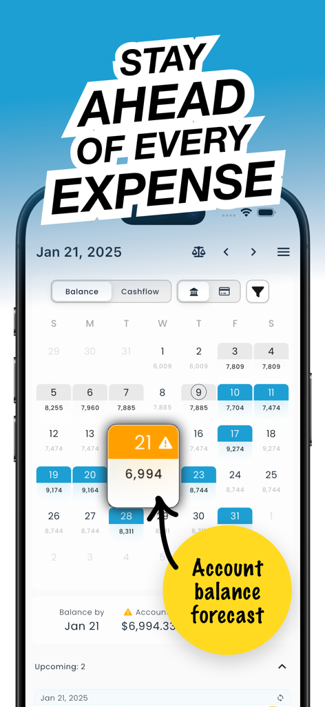 NEKO: Budget & Bill Organizer - NEKO Budget and Bill Organizer app showing a calendar view with account balance forecasts for each day