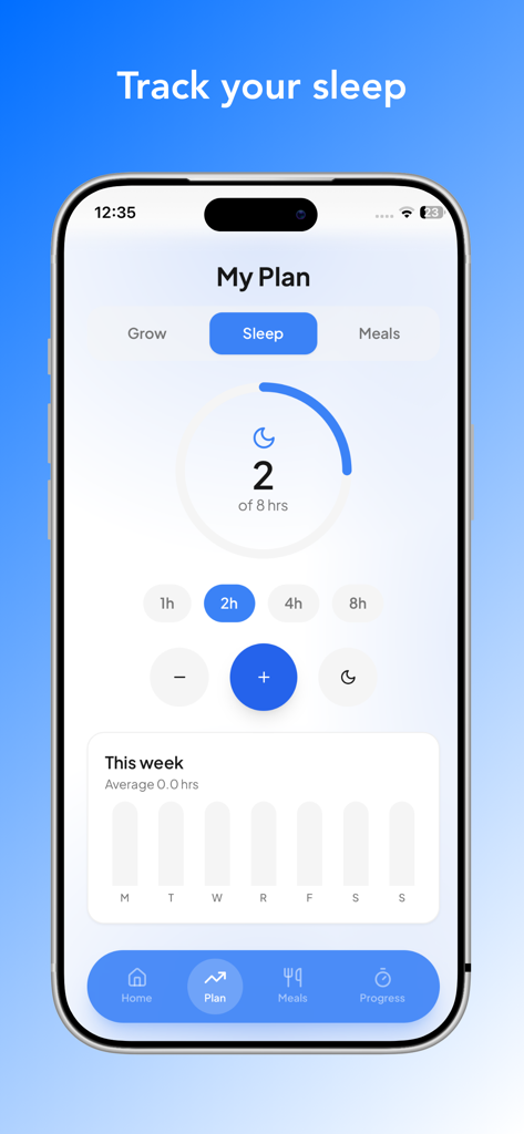 GoRise - Increase Your Height - GoRise app sleep tracking interface showing daily sleep hours progress and weekly charts