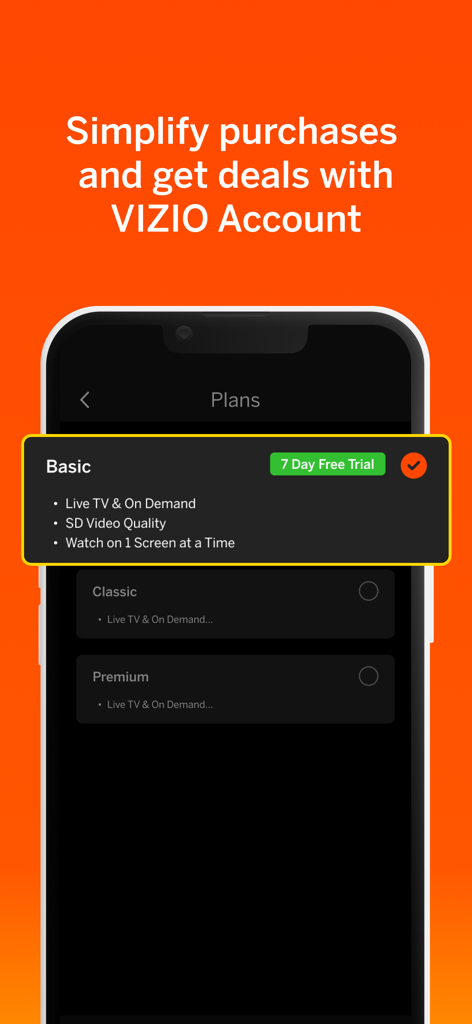 A mobile phone screen displaying VIZIO account subscription plans and a 7-day free trial offer for the basic plan.