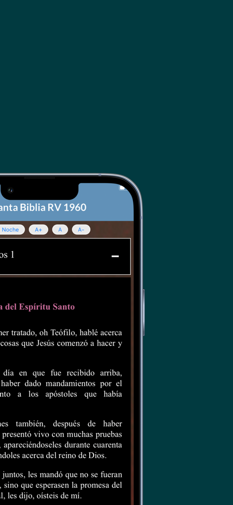 Biblia Reina Valera 1960 app interface showing Scripture in night mode with font controls