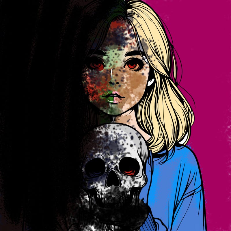 realistic girl holding a skull