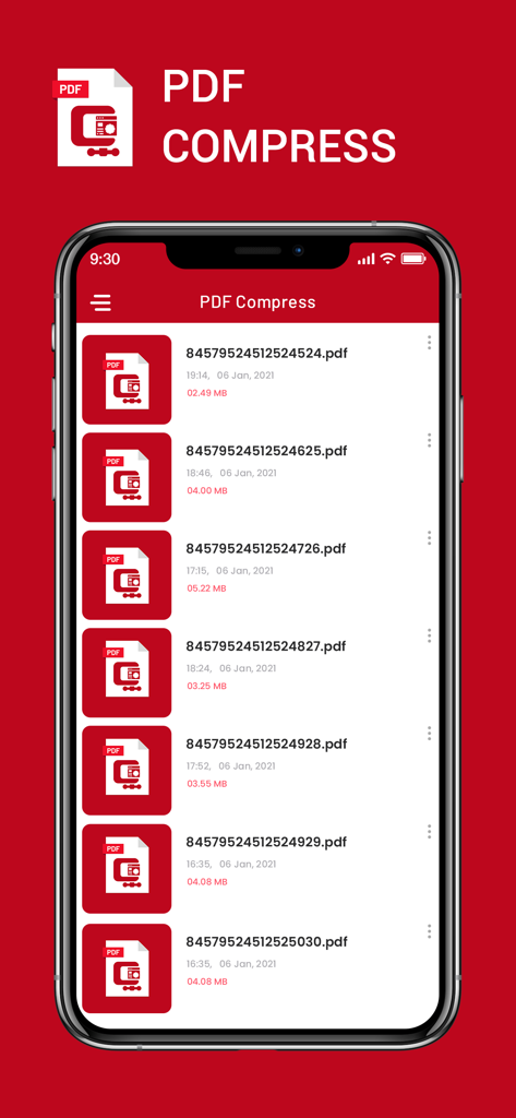 PDF圧縮アプリのインターフェイス。スマートフォンの画面に、ファイルサイズが縮小されたドキュメントのリストが表示されています。