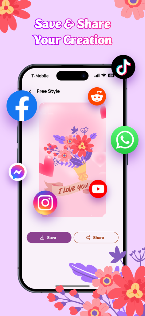 Flower Language Keyboard Color - A smartphone screen displaying a custom flower bouquet with social media icons for saving and sharing