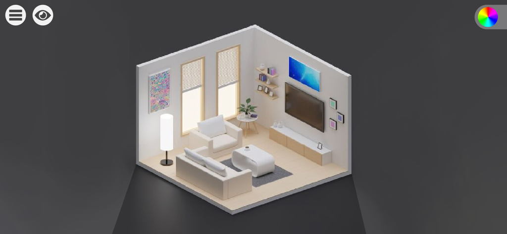 Design Dream Room - Isometric view of a modern minimalist living room with white furniture and light wood accents in Design Dream Room