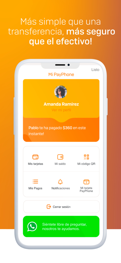 Payphoneモバイルアプリのダッシュボード。支払い完了通知と財務管理アイコンが表示されている。