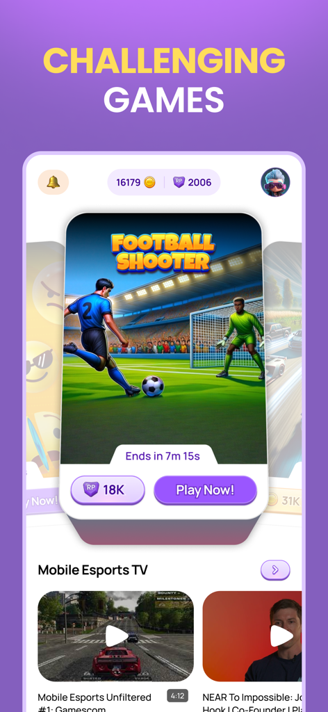 Mobile Esports: Win Prizes - Mobile Esports app screen displaying the Football Shooter tournament and Mobile Esports TV video section