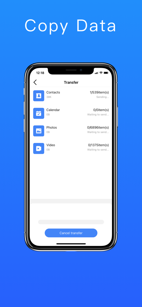 Captura de tela do aplicativo Phone Clone mostrando o progresso da transferência de contatos, fotos e vídeos entre dispositivos.