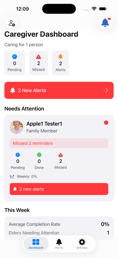 MemoryFy Inc - Tableau de bord d'aidant MemoryFy montrant les rappels manqués et les alertes d'activité pour un membre de la famille
