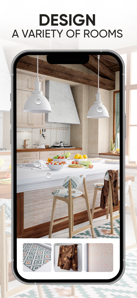 Redecor - Home Design Game - Interfaz de la aplicación móvil Redecor que muestra un proyecto de diseño de cocina fotorrealista con opciones de materiales personalizables.