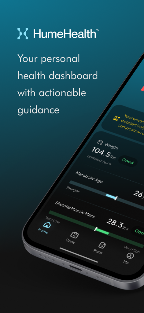 Panel de la aplicación móvil Hume Health que muestra métricas de edad metabólica y masa muscular