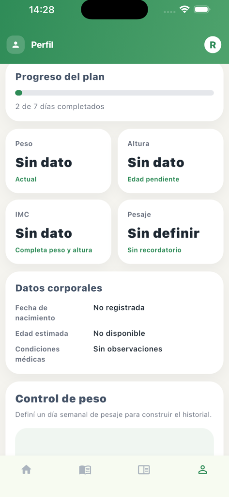 Alimente - Écran de profil de l'application Alimente affichant la progression du plan de nutrition et les métriques de santé corporelle.