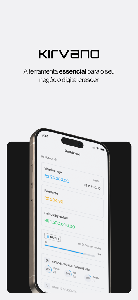 Kirvano - Pantalla de teléfono móvil mostrando el panel de control de la aplicación Kirvano con informes de ventas y saldo financiero