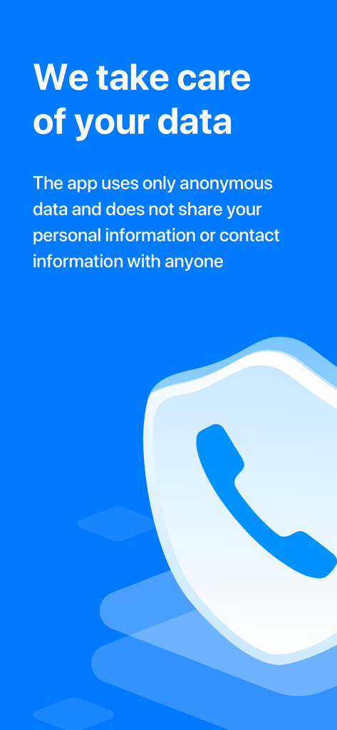 Spam Call Blocker + Caller ID - Pantalla que muestra que la aplicación Spam Call Blocker protege los datos del usuario y mantiene la privacidad