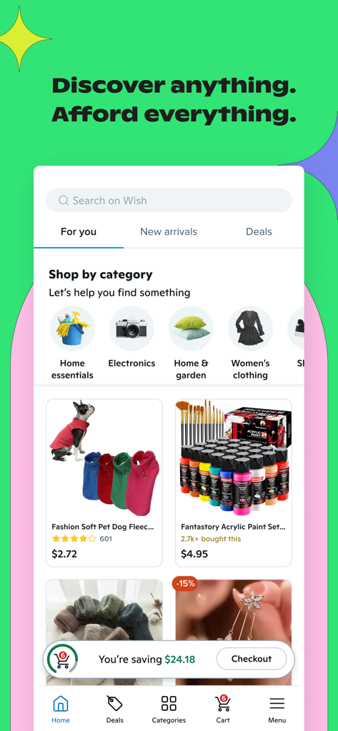 Pantalla de inicio de la aplicación de compras Wish con categorías de productos y artículos con descuento como ropa para mascotas y suministros de arte.