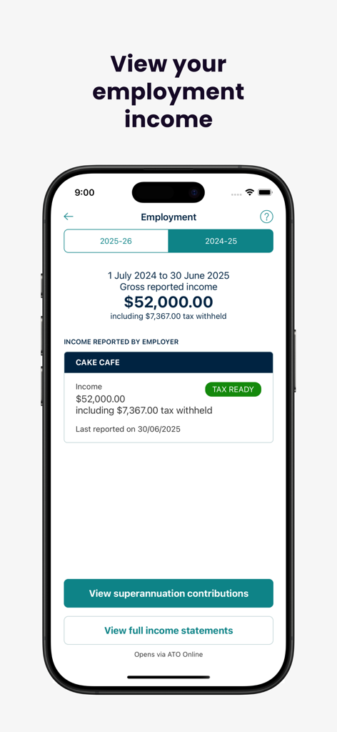 Australian Taxation Office - A mobile screen from the Australian Taxation Office app showing gross reported employment income and tax withheld details for the financial year.