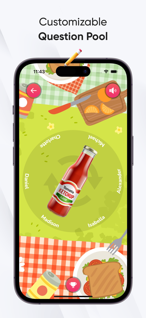 Spin the Bottle・Truth or Dare? - Spin the Bottle game interface showing a ketchup bottle spinning among names on a picnic-themed background.