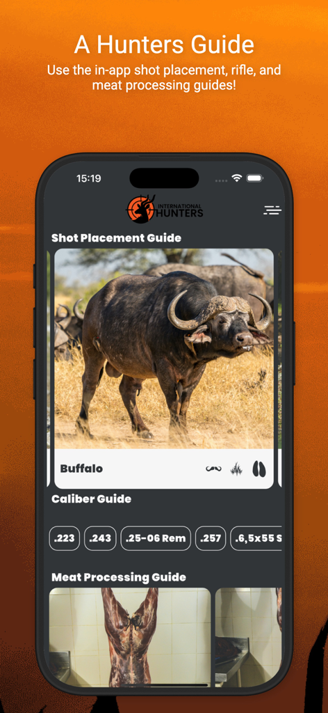 International Hunters - International Hunters app interface showing shot placement for buffalo and caliber selection guide