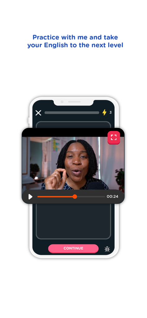 English with Tiffani - La Profesora Tiffani impartiendo una lección de video de inglés en un dispositivo móvil.