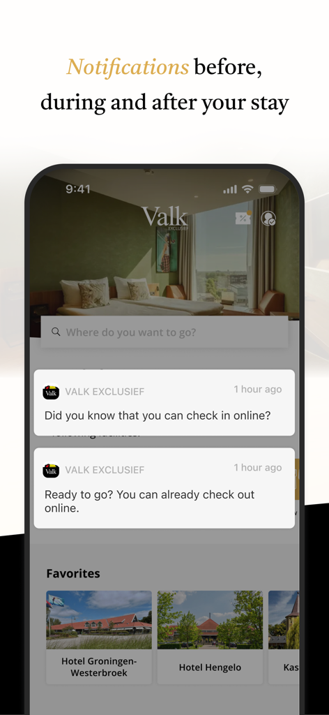 Van der Valk Exclusief app interface showing notifications for online check-in and check-out