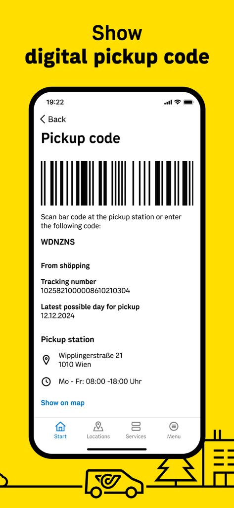 Digital pickup code with barcode and address in the Austrian Post tracking app.