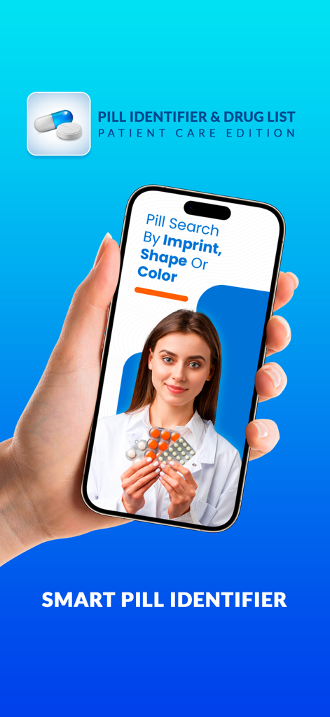 Pill Identifier and Drug List - A hand holding a smartphone displaying the Pill Identifier and Drug List app search interface