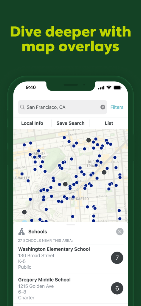 Trulia Real Estate & Rentals - Trulia app interface showing a San Francisco map with a schools overlay and local school ratings.