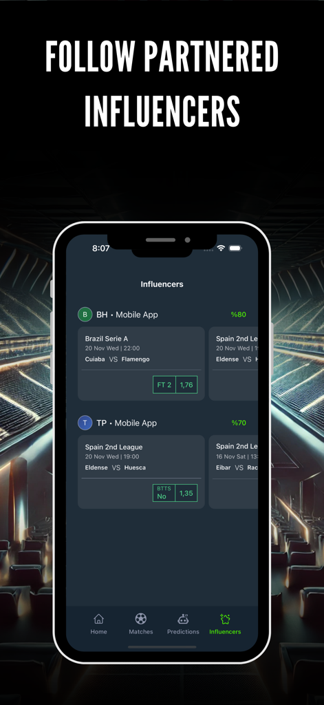 BetTips: Match Prediction - A mobile app screen showing sports betting predictions and success rates from partnered influencers.
