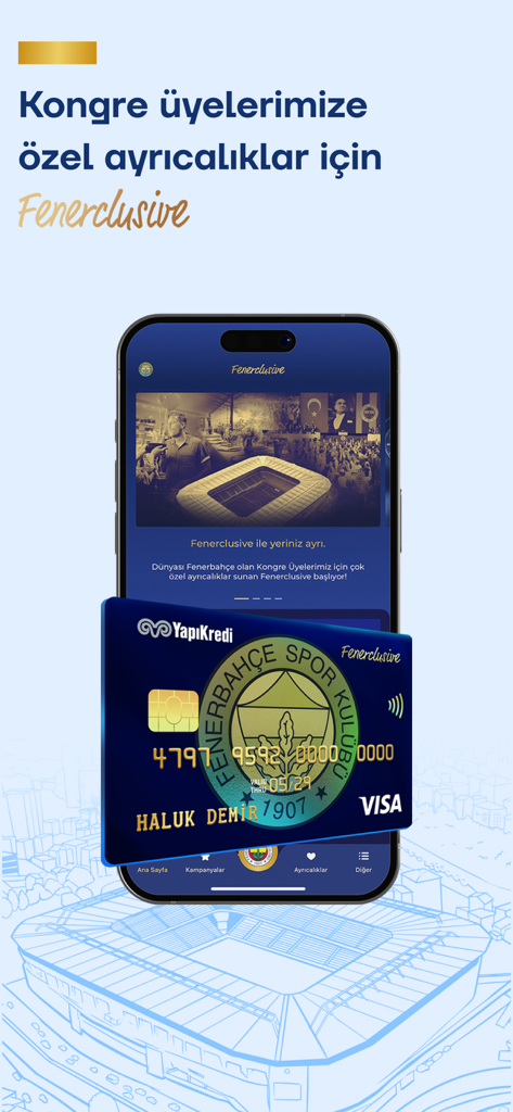 Fenerbahçe SK - Fenerbahce SK Super App showing Fenerclusive membership features and a club-branded Visa card.