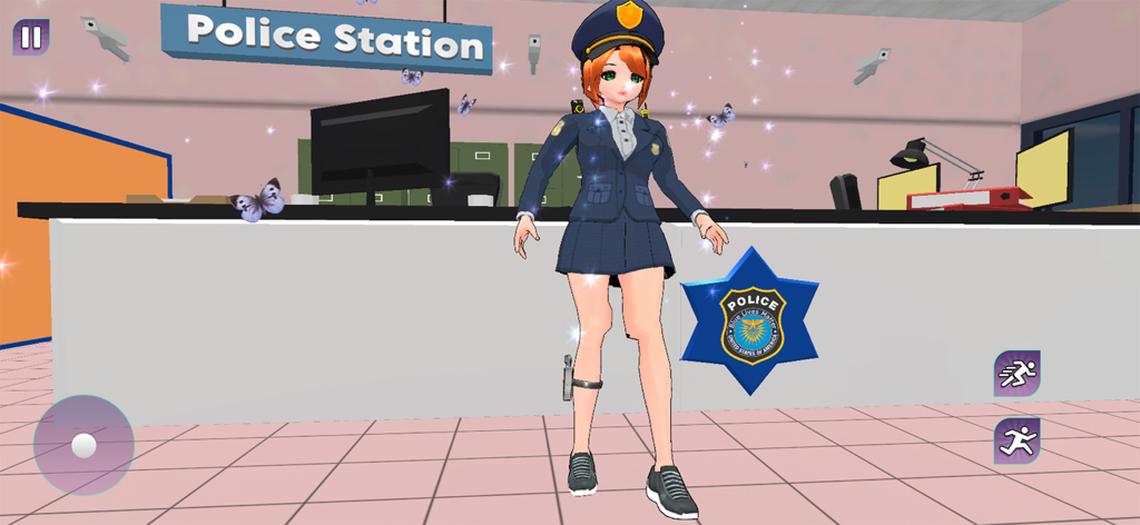 Sakura Cop Police Officer Game - サクラコップ警察官ゲームで、警察署のデスクの前に立つアニメの女性警察官キャラクター。