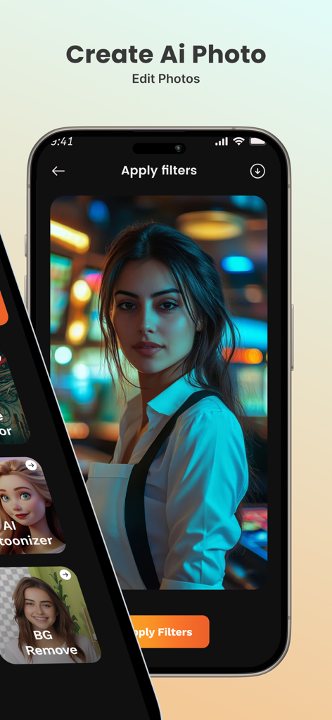 Create AI - Écran de smartphone montrant l'interface de l'application Create AI avec une photo de portrait et l'option d'appliquer des filtres.