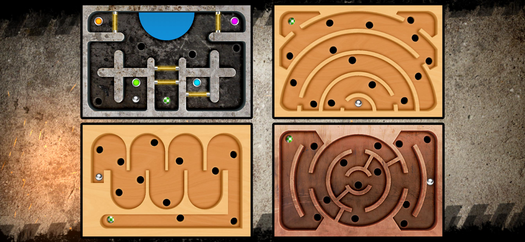 木製と金属製のテクスチャを備えた、迷路ゲームの4つの異なる迷路盤、物理ベースのパズル