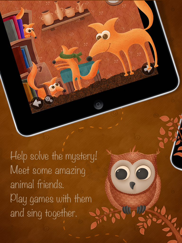 Who Stole The Moon? - Interactive e-book for children - An iPad displaying a scene from the interactive book app showing orange foxes playing and a brown owl on a branch.