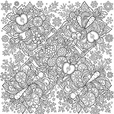 Discover a delightful blend of winter charm and natural abundance in this unique coloring page. It features intricate food tessellations, showcasing fruits, vegetables, and snowflakes in a captivating pattern.