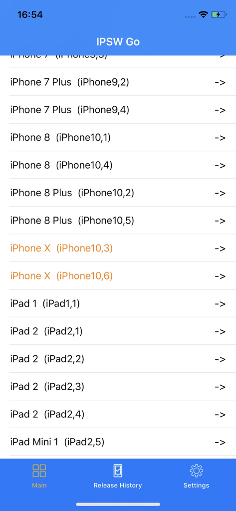 IPSW Go - Una lista de modelos de Apple iPhone y iPad con sus identificadores de modelo en la aplicación IPSW Go
