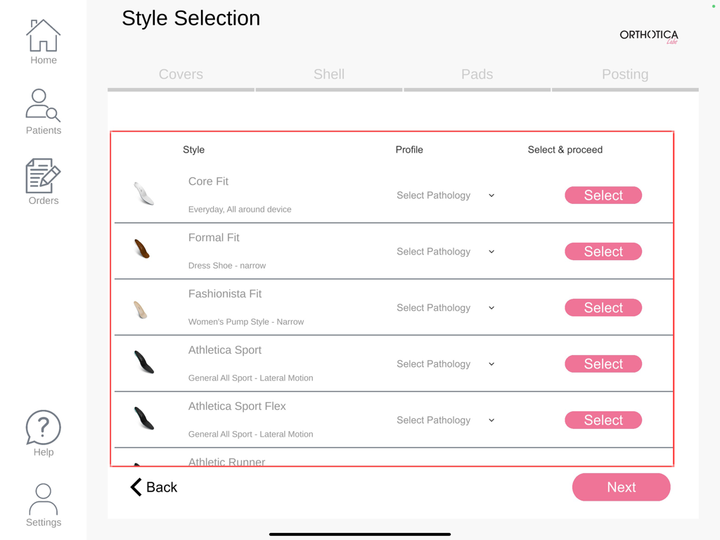Orthotica3D - The style selection screen of the Orthotica3D app displaying various custom foot orthotic models for podiatrists.