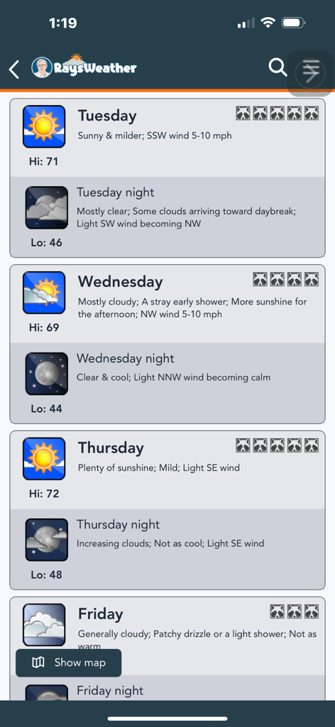 RaysWeather.Com Mobile - Daily and nightly weather forecast view in the RaysWeather mobile app showing temperatures and sky conditions.