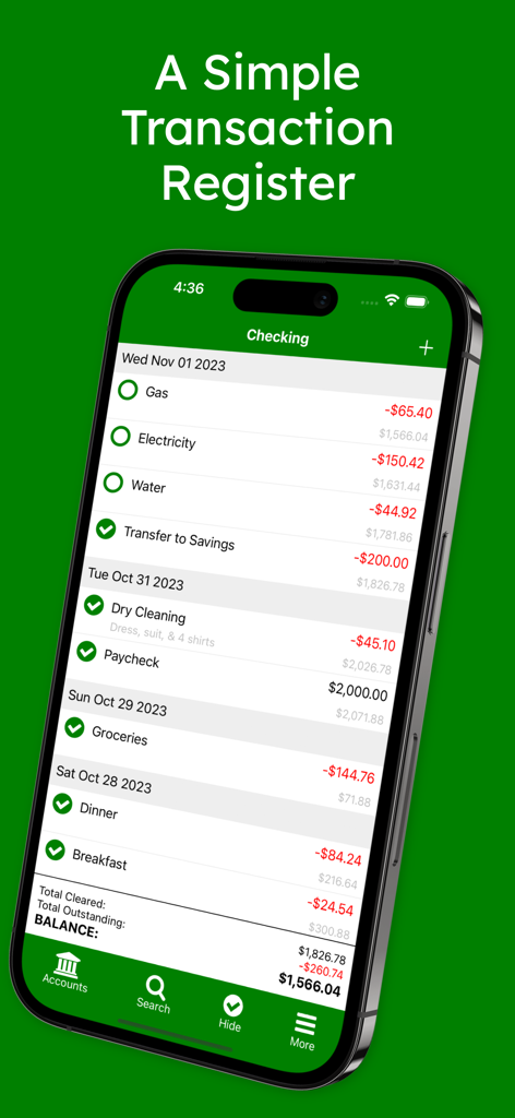 Pantalla de registro de transacciones de la aplicación The Checkbook que muestra detalles de la cuenta corriente y el saldo de la cuenta